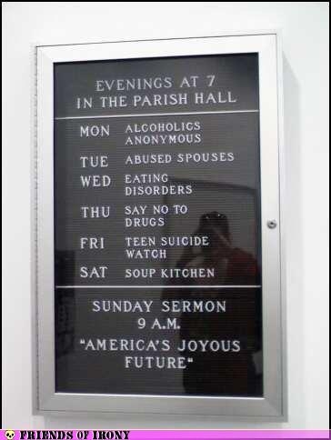 List of meetings for suicide, alcohol abuse, etc. lists the sermon of the week as America's joyous future