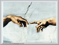 Portion of Michelangelo's painting showing God's finger reaching out and touching man's finger